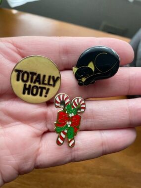 Enamel Pins - Set of 3  - Black Cat, Candy Cane - Vintage
